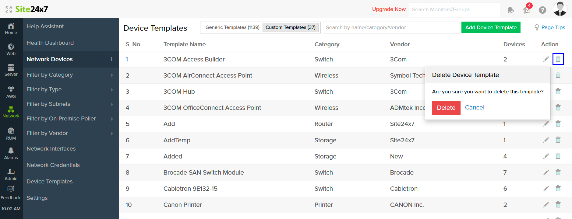 How to delete device templates in Site24x7