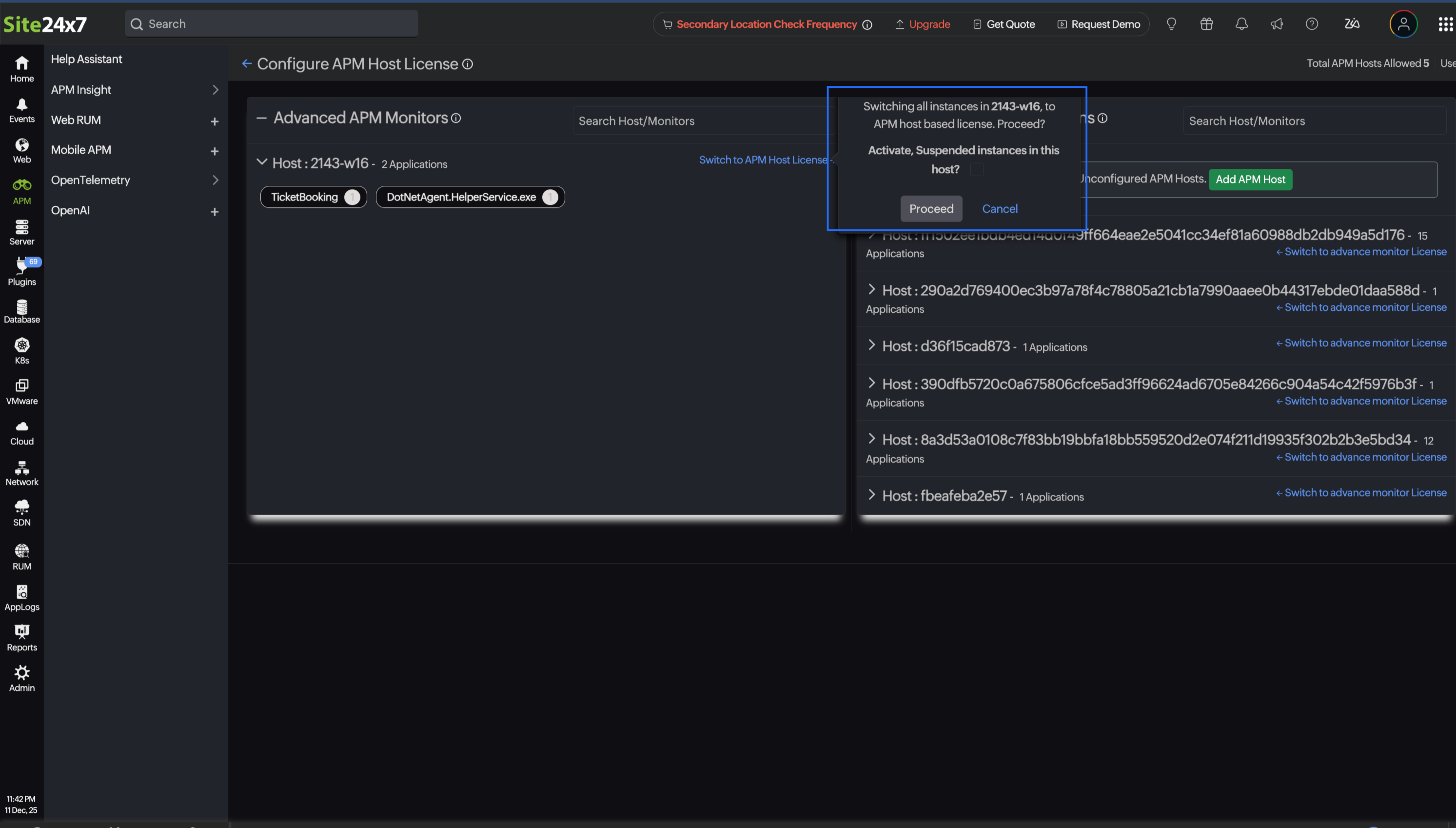 APM Host License Configuration Popup