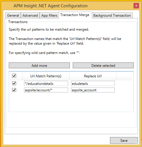 Configure APM Insight >NET application filters in settings dialog