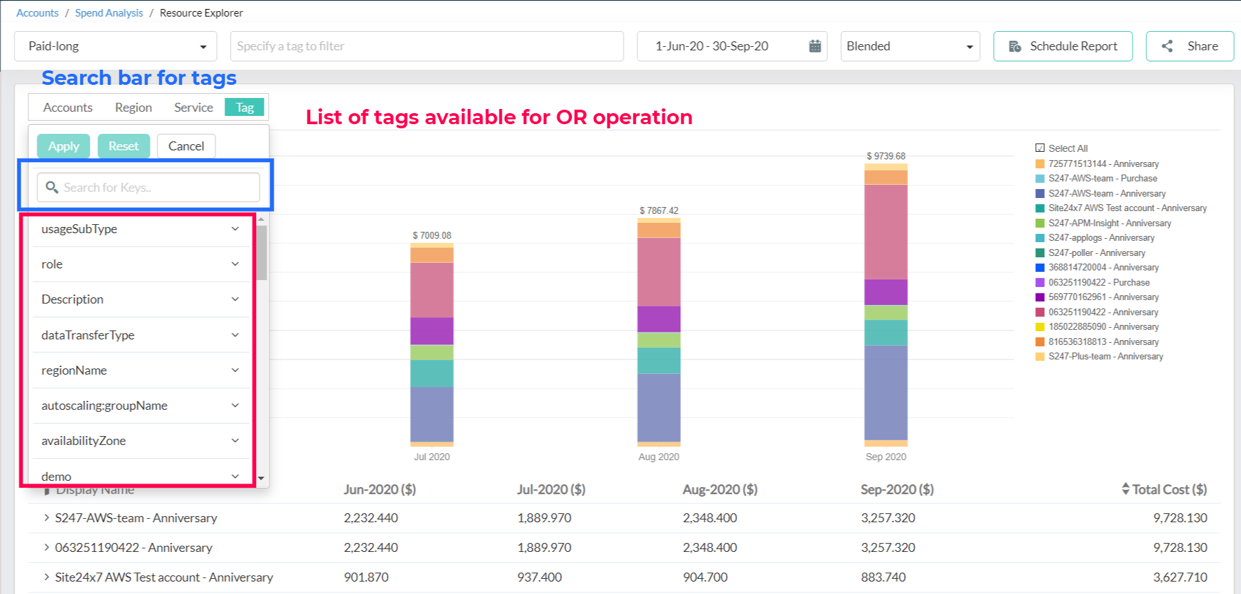 Tag based account splitup view of cloud cost