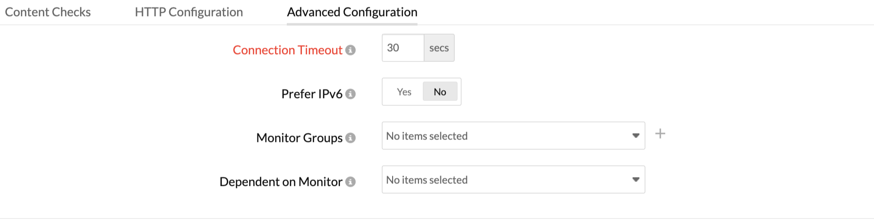Configure connection timeout, monitor groups, and more.