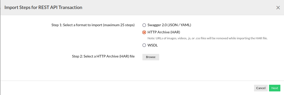 Learn how to import steps using har