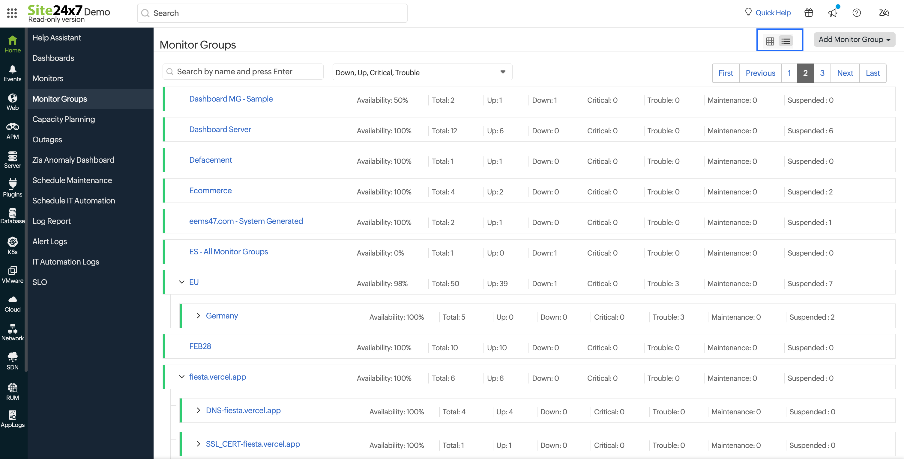 Monitor Groups List View