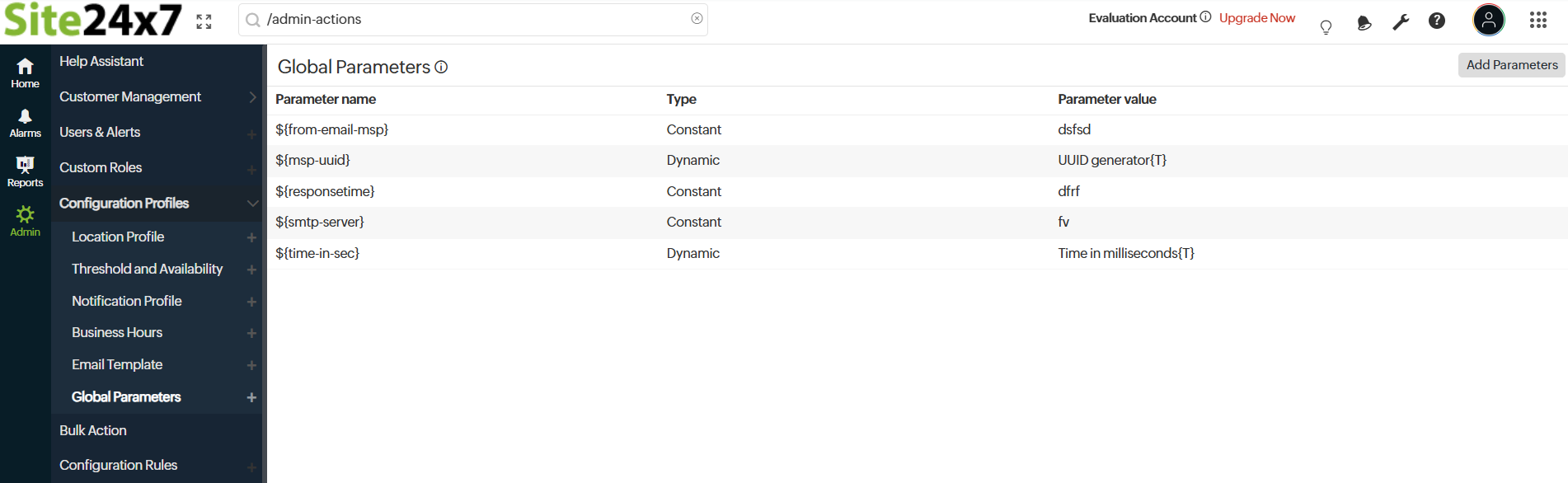 Global Parameter dashboard Global Parameter dashboard