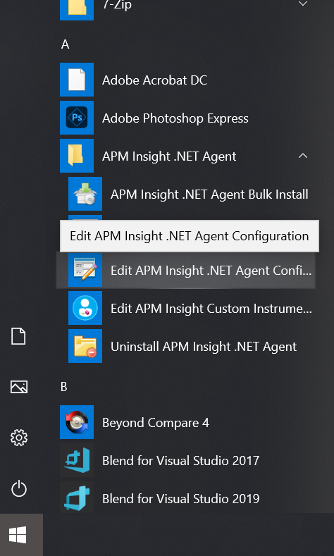 Start menu and Edit APM Insight .NET Agent Configuration tool