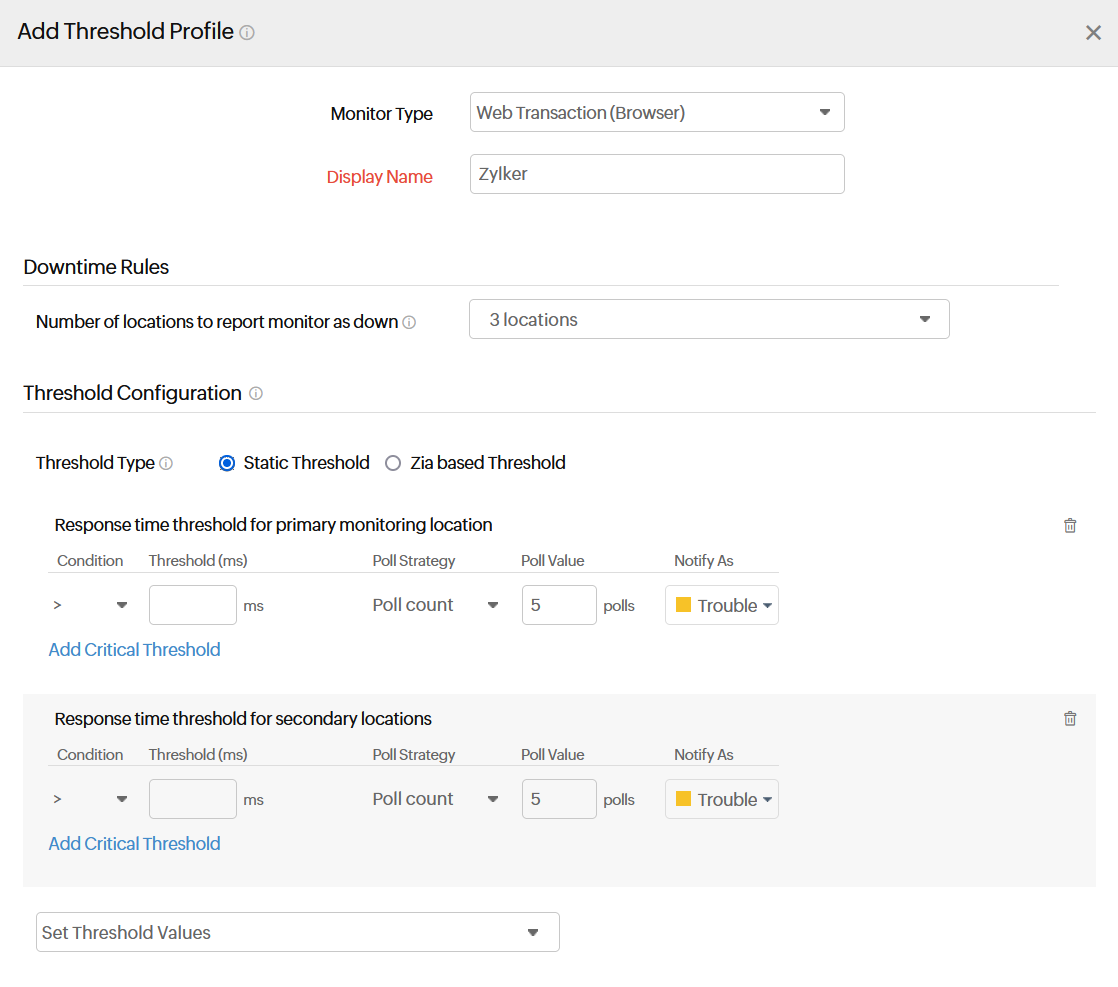 Zia-based threshold web transaction static